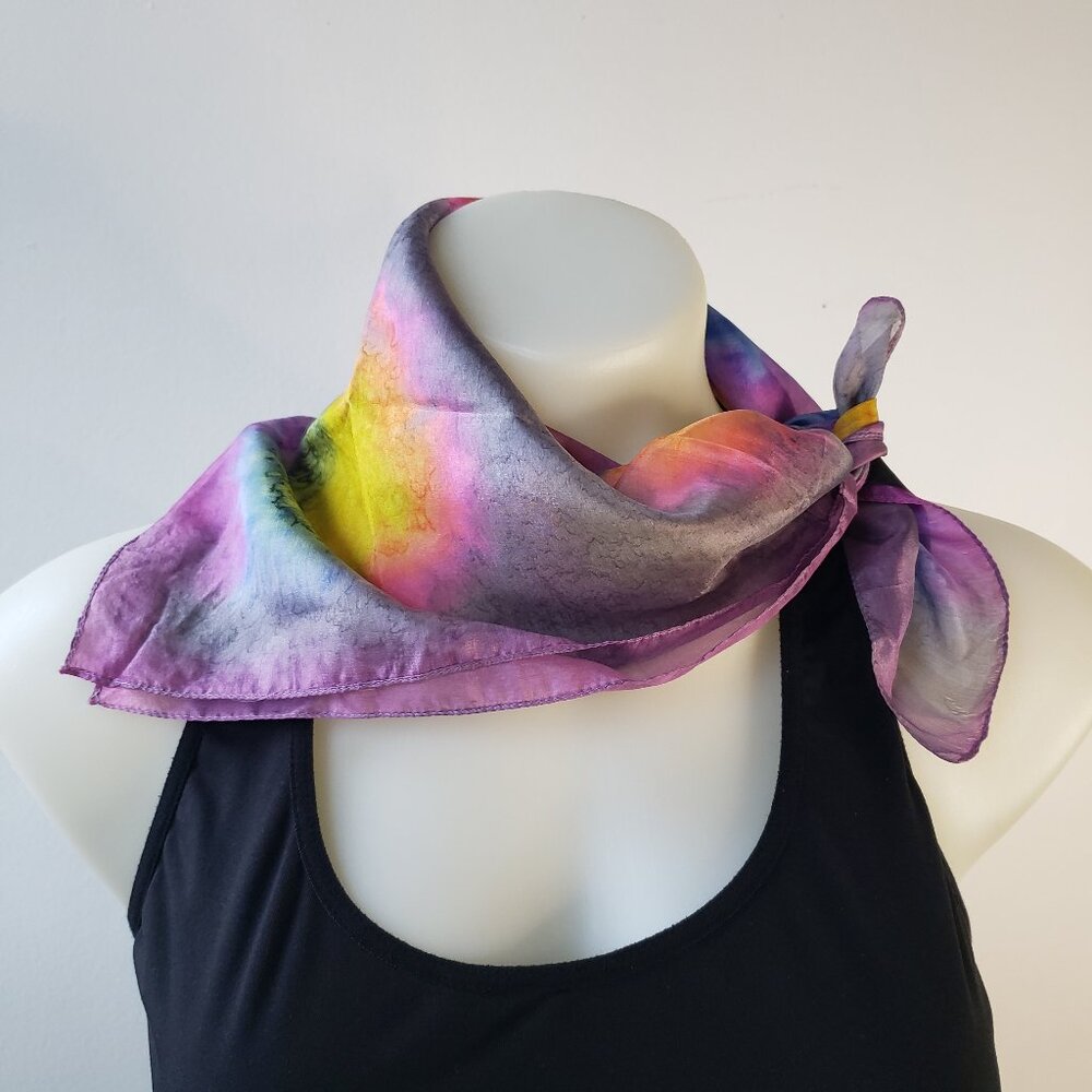 Vintage hand painted tie dye flower pure silk scarf Rémoy D'Urville Paris 21.5"